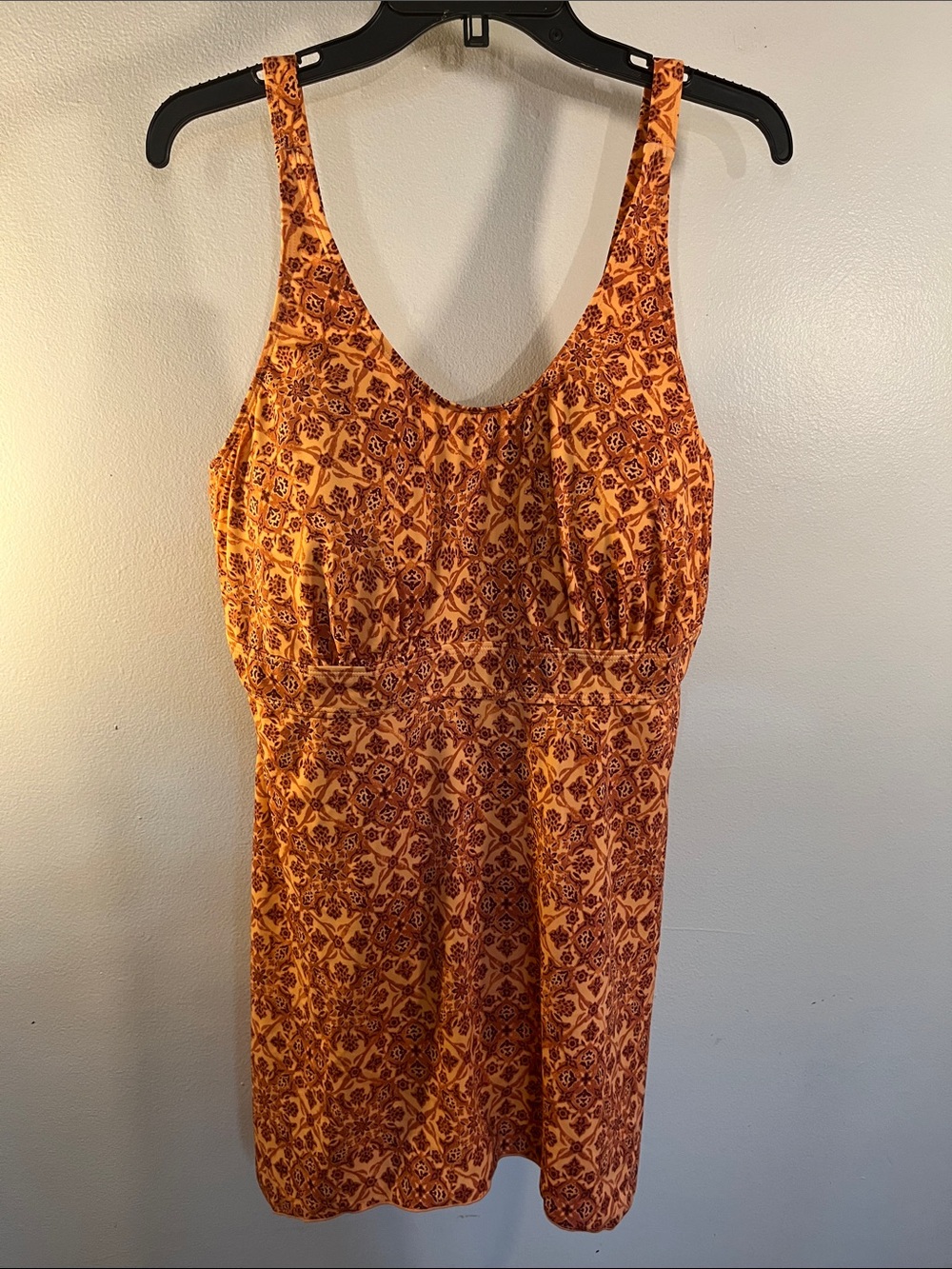 Women’s Orange Printed One-Piece Swimdress with Scoop Neck